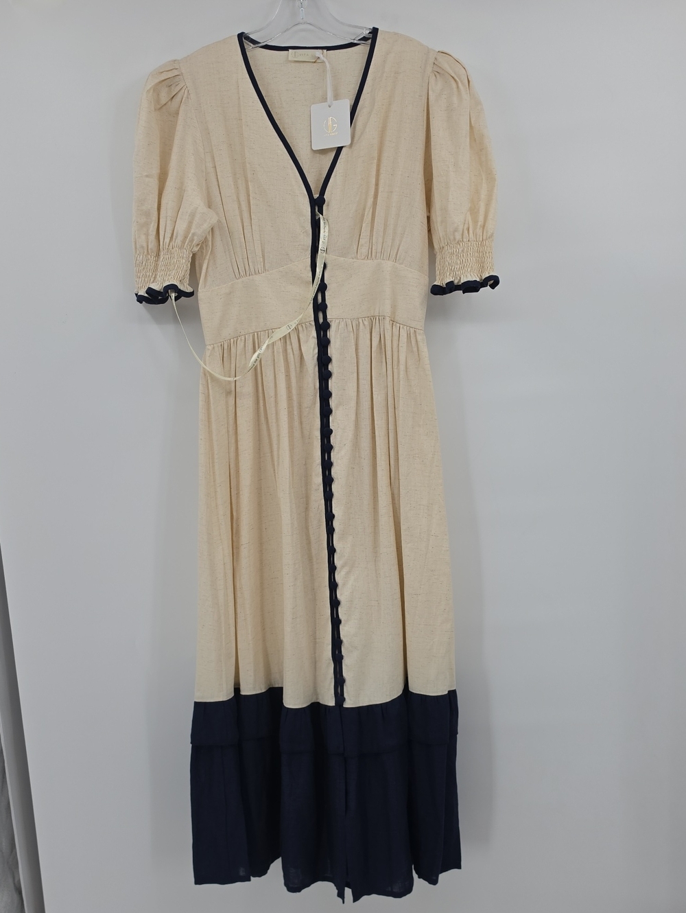 Vita Grace Linen  Cream Maxi Dress with Navy Trim Size M